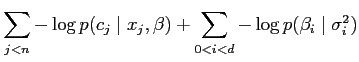 $\displaystyle \sum_{j < n} - \log p(c_j \mid x_j, \beta)
+ \sum_{0 < i < d} - \log p(\beta_i \mid \sigma_i^2)$